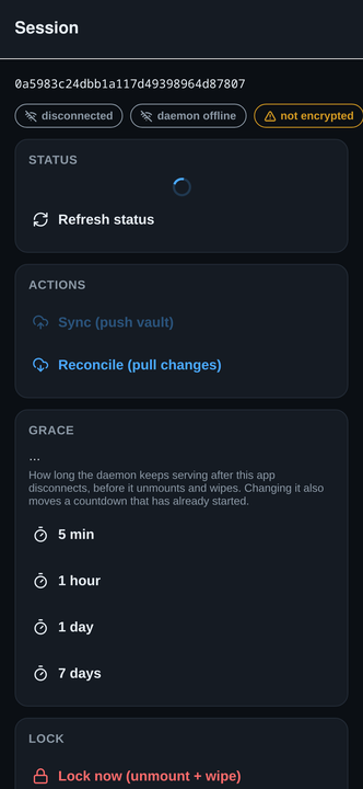Session screen showing status and actions